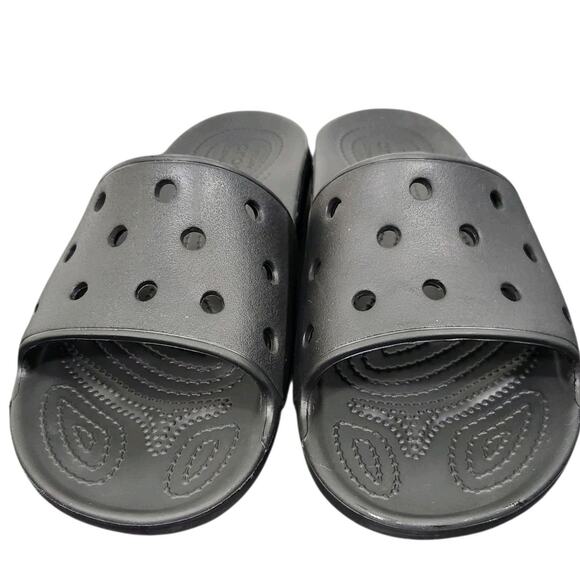 CROCS MENS 11 WOMEN 9 SLIDE SANDAL BLACK OUTDOOR WATER PROOF ATHLEISURE GYM READ - Picture 1 of 7